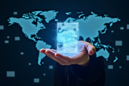 A hand presents a digital document, glowing against a world map interface backdrop