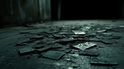 Fototapeta premium Shattered Glass Fragments on Dark Floor in Abandoned Space