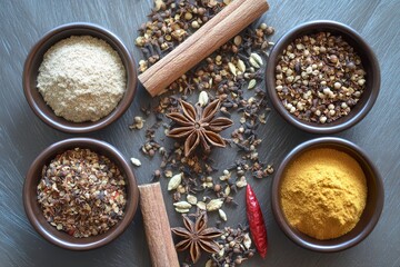 Discover culinary magic with a stunning display of dried spices featuring cinnamon, allspice, star anise, and chili flakes. Generative AI