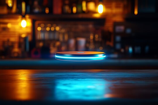 Floating Disc Display on a Dark Wooden Surface