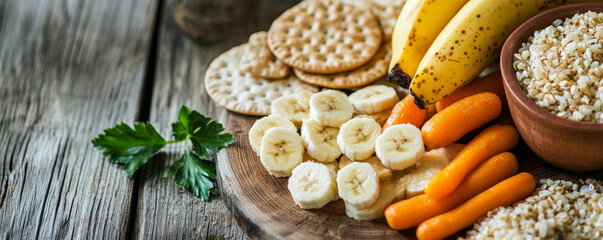 Fototapeta premium Healthy snack arrangement with bananas, carrots, rice, and crackers. This rustic display showcases nutritious carbohydrates, perfect for balanced diet