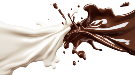 Splashes of dark and white chocolate, isolated on white background, created with Generative AI technology, PNG