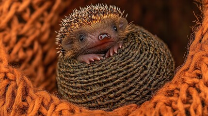 Obraz premium Cute hedgehog curled in yarn ball, autumn knit background, pet portrait