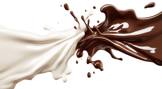 Splashes of dark and white chocolate, isolated on white background, created with Generative AI technology, PNG