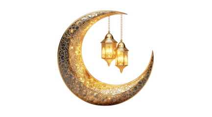 PNG, Ramadan, crescent moon with lanterns, isolated on white background, created with Generative AI technology