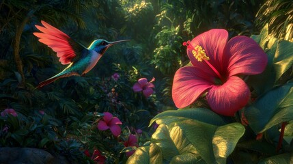 Vibrant Hummingbird Approaching Bright Pink Hibiscus Flower in Lush Tropical Garden Setting