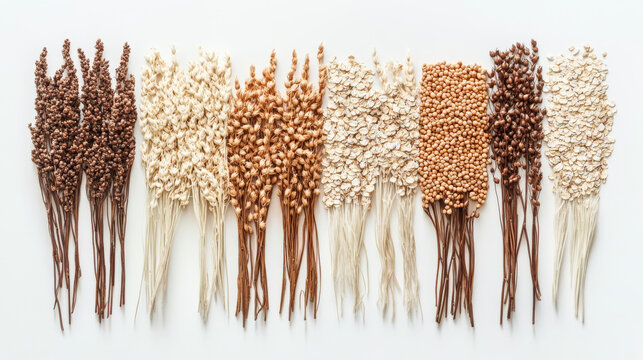 Flat lay of assorted grains including oats, buckwheat, and quinoa, showcasing variety of textures and colors. This visually appealing arrangement highlights diversity of healthy grains