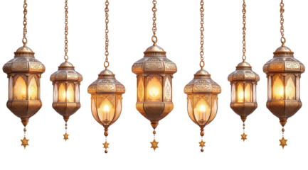 PNG, Ramadan, lanterns on chains, isolated on white background, created with Generative AI technology