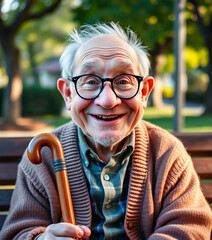 A cheerful old man with a round face, big glasses, and a kind smile. He has white bushy eyebrows, a bald head with some white hair on the sides, and wears a cozy cardigan over a button-up shirt. His e