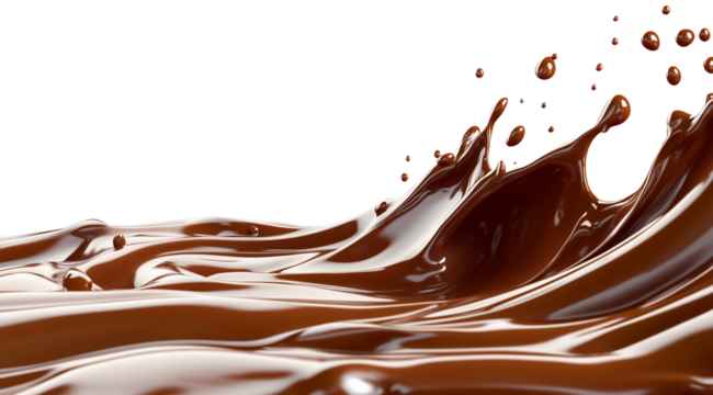 Wave with splashes of milk chocolate, isolated on white background, created with Generative AI technology, PNG