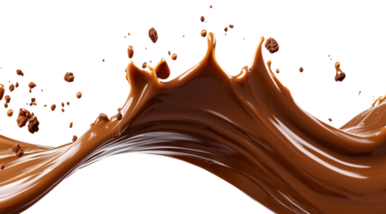 Flow, splashes and crumbs of milk chocolate, isolated on white background, created with Generative AI technology, PNG