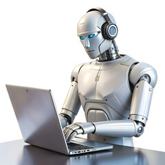 robot work on laptop isolated on white 