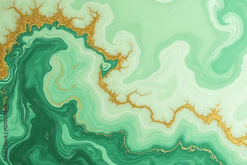Poster an abstract malachite-like pattern in green with gold veins, creating a swirling design