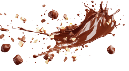 Falling splashes of milk chocolate and pieces of nuts, isolated on white background, created with Generative AI technology, PNG