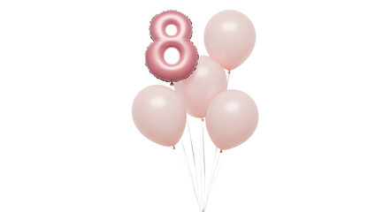 8 March, International Women's Day, pink figure eight balloon and pink balloons, close up, created with Generative AI technology, PNG