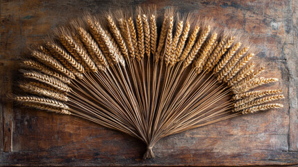 Mesopotamian wheat ears arranged in fan shape on wooden surface, showcasing beauty of agricultural produce. This captures essence of harvest and nature bounty