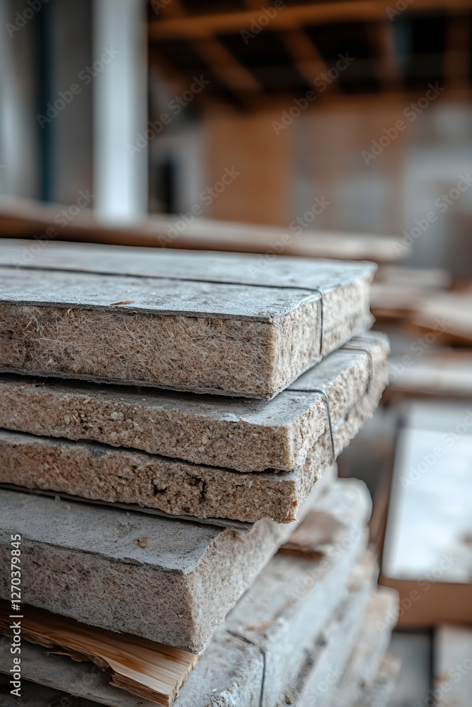 Poster stack of fiberboard panels ready for construction project in a workshop setting