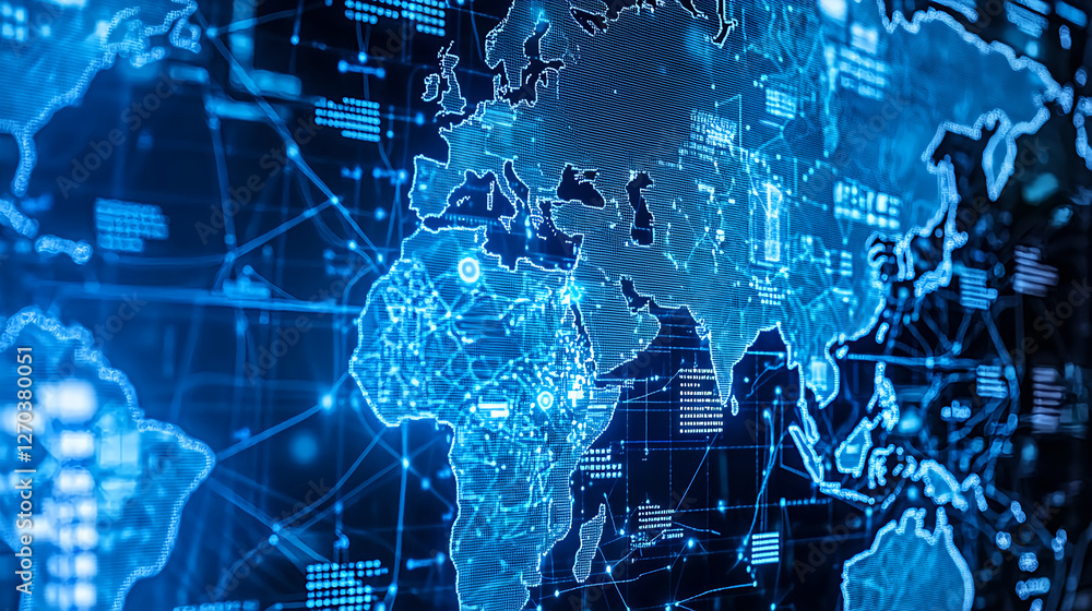 Poster global data visualization of africa and europe digital map analysis tech environment high-resolution