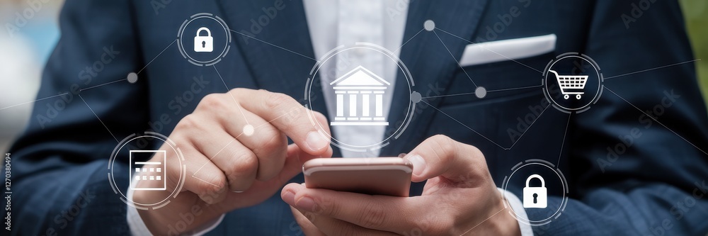 Poster man uses smartphone for online banking and shopping transactions
