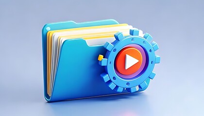 Blue folder with video media settings icon represents production configuration management.