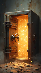 A heavy steel safe cracked open, but instead of money, glowing orbs of light emerge, symbolizing unlocked creativity, innovation, and hidden potential.