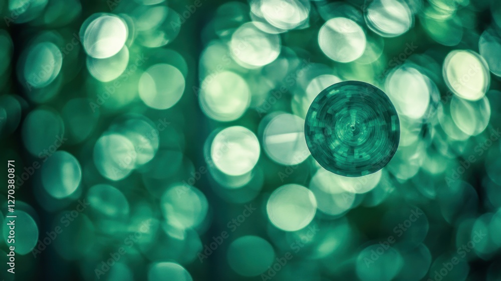 Poster a close-up of a floating green sphere amidst a backdrop of shimmering green bokeh lights.