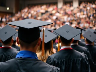 Obraz premium Joyful Graduates Celebrating Achievement in Gowns with Caps Tossed in Air Against Bright Blue Sky