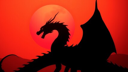Majestic Dragon Silhouetted Against Fiery Red Sunset Creating a Dramatic and Enchanting Atmosphere
