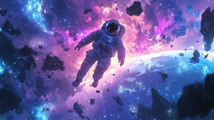 A cosmic astronaut floating above Earth surrounded by glowing space debris 
