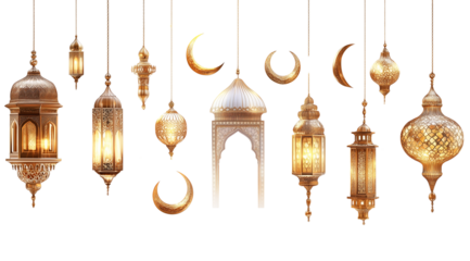 PNG, Ramadan, lanterns on chains with crescent moon and stars, isolated on white background, created with Generative AI technology