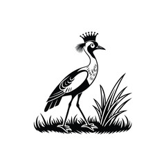 Royal Crested Bird Silhouette Standing on Grass – Vector Art