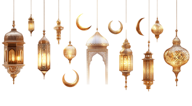 PNG, Ramadan, lanterns on chains with crescent moon and stars, isolated on white background, created with Generative AI technology