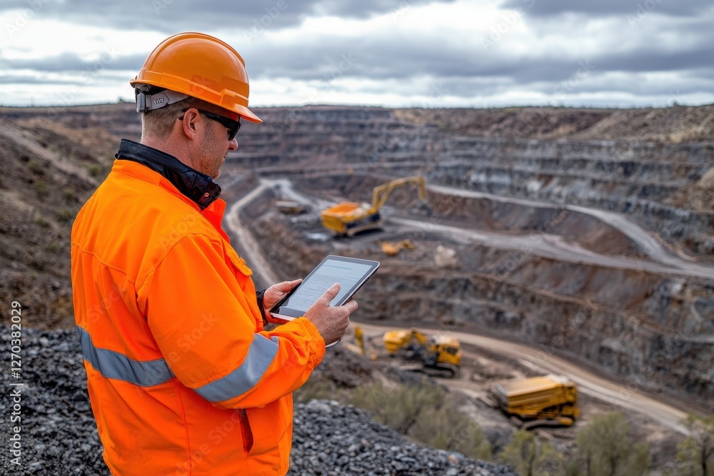 Poster mine worker checks tablet at quarry. image shows industrial mining operation, useful for constructio