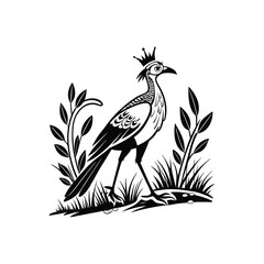 Royal Crested Bird Silhouette Standing on Grass – Vector Art
