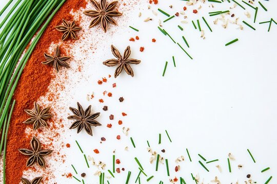 Intricate arrangement of star anise, cumin seeds, red paprika, and dry chives on pristine white background. Generative AI