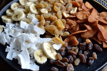 Fototapeta premium Delightful assortment of healthy snacks featuring dried banana chips, coconut flakes, cashews, and raisins on a stylish black plate. Generative AI