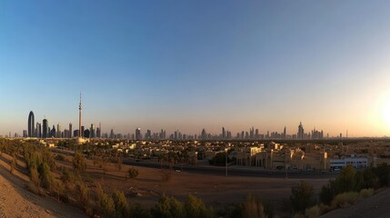 Fototapeta premium Panoramic View of City Skyline at Sunset