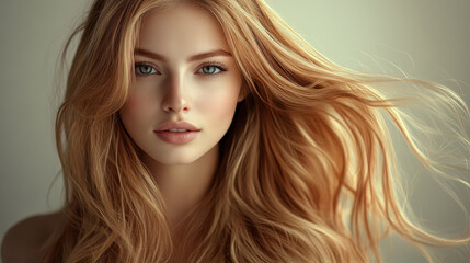 Fototapeta premium A woman with long blonde hair and blue eyes. She has a nice smile and is looking at the camera