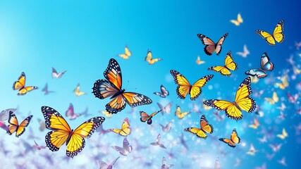 Colorful Butterflies Gracefully Soaring Through a Clear Blue Sky Creating a Vibrant Natural Display