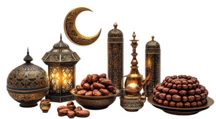 PNG, Ramadan, metal utensils with dates and lanterns, isolated on white background, created with Generative AI technology