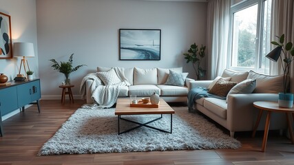 Cozy Living Room Featuring Comfortable Couch Inviting Natural Light Through Large Window and Table