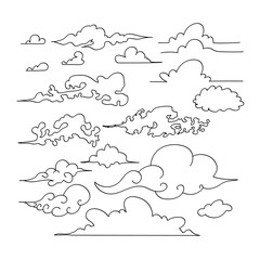 Set of hand drawn clouds in line art style with black lines in png format