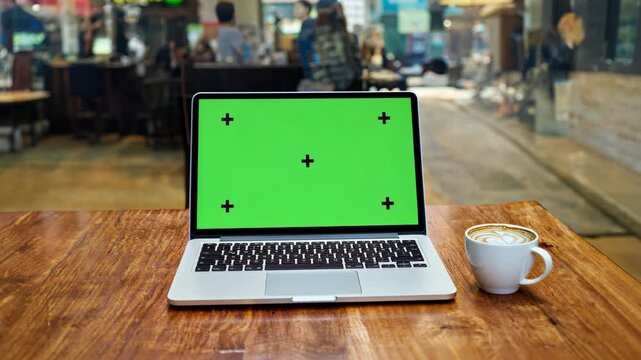 Laptop Computer Monitor Standing on a Desk with a Green Screen Chroma key. Green Screen Display with Isolated Placeholder with Tracker Marker.