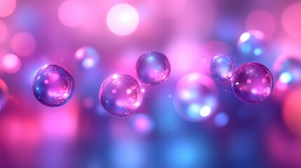 Pink and purple spheres float in bokeh background