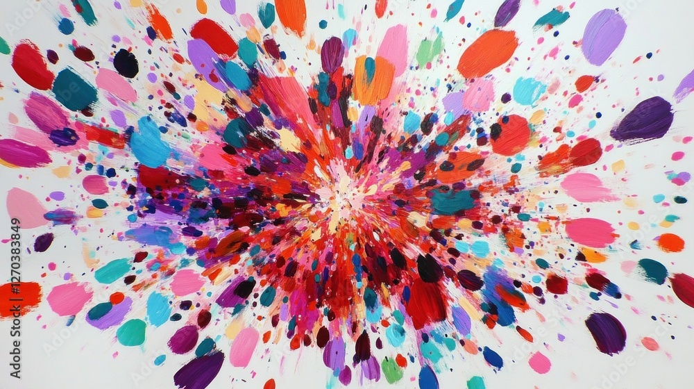 Poster a vibrant explosion of colorful paint splatters creating an energetic and abstract composition.