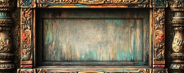 Ornate wooden structure featuring intricate carvings and weathered texture