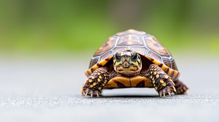 Obraz premium Tortoise crossing path, green background, wildlife