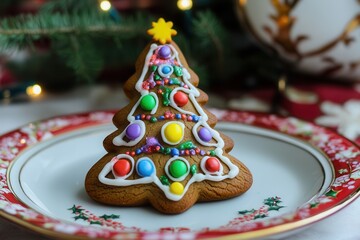 Delightful vibrant gingerbread Christmas tree cookie artfully decorated on a festive plate. Generative AI