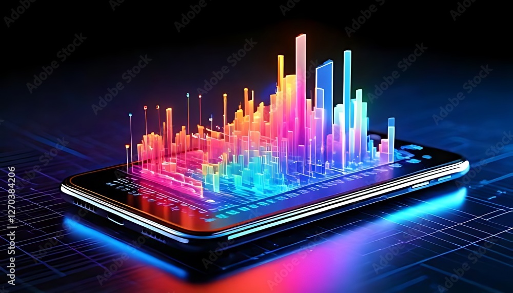 Aufkleber illuminated smartphone displays vibrant, futuristic data represented as a colorful graph projection.