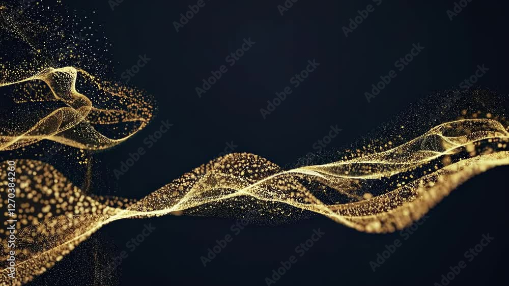 Poster abstract video of golden particles flowing like waves on a dark background, captured from a dynamic,